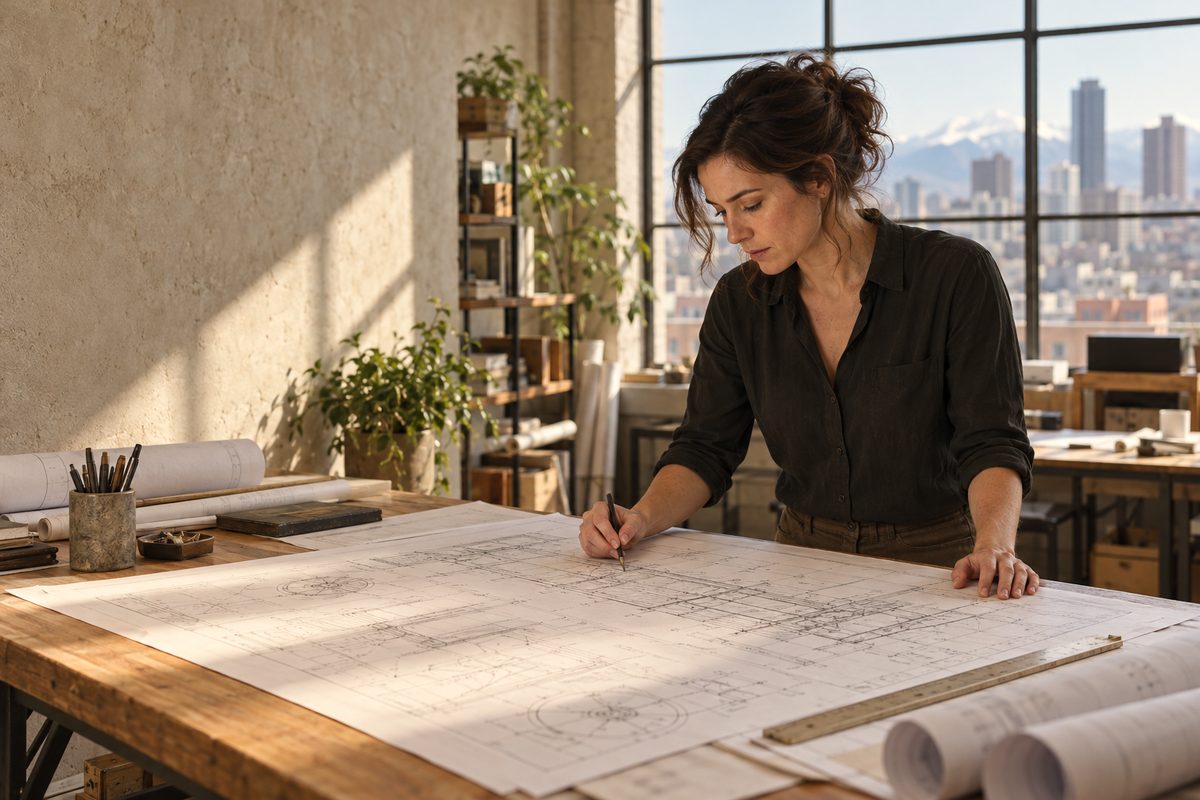 Consultant Maria Ivanova reviewing system requirements documentation on a drafting desk in Denver